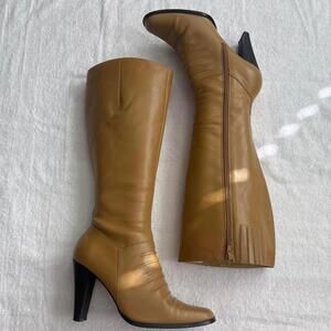 y2k faux leather tan heal boots
